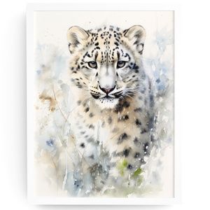 Watercolor Snow Leopard Portrait Wall Art Illustration Print Poster Unframed